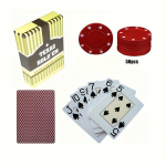 Pilnas apvalaus stalo žaidimų rinkinys, 50 vnt. kauliukų ir matinių plastikinių žaidimo kortų kaladė su didelėmis raidėmis raudona