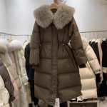 Pūkinė medvilninė dygsniuota trenerio žiemos ilga vir&scaron; kelių didelė su kailiu storesnė pūkinė striukė Oversize medvilninis paltas vir&scaron;utinis drabužis XS smėlis