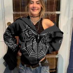 Moteri&scaron;ki hiphopo gobtuvai Gothic Spider Web Print su gobtuvu su užtrauktuku Striukė Paltai Grunge Y2k Oversized Streetwear Vyri&scaron;ki megztiniai 2XL juoda
