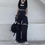 Techwear Gothic Black Cargo Kelnės Moteri&scaron;kos Gatvės Apranga Hollow Out Punk Plačios Kojos Oversize Ki&scaron;enės Kelnės Moterims Hip Hop M juoda