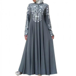Musulmonų moterų ilgomis rankovėmis &bdquo;Abaya&ldquo; suknelės, stovinčios apykakle, gėlėtos &bdquo;Kaftan Maxi&ldquo; suknelės S pilka