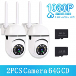 200 W 5 GHz ir 2,4 GHz Wi-Fi IP kamera HD 1080P IR visų spalvų naktinio matymo sauga lauko belaidė stebėjimo kamera AI žmogaus sekimas (1/2/4 vnt) 2PCS UK plug+2*64G balta