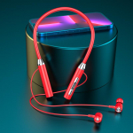 &bdquo;Bluetooth&ldquo; belaidės ausinės, pakabinamos ant kaklo, sportinės dvibalinės, į ausį įdedamos kaklo pakabinamos, tipas itin ilgas budėjimo režimas raudona