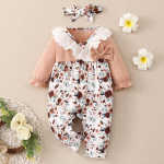 Naujagimių kūdikių berniukų mergaičių mieli languoti ilgomis rankovėmis romperiai, galvos juosta, komplektai 6 rožinė