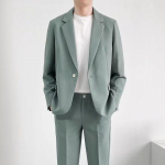 Vyri&scaron;ka vientisos spalvos jaunikio vestuvinė suknelė vakarėliui, vyri&scaron;kas dalykinis laisvalaikio kostiumas, korėjieti&scaron;ko stiliaus, madingas, plonas, dviejų dalių komplektas, plius dydis M &scaron;viesiai žalios spalvos