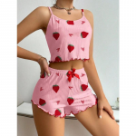 Miegoti drabužiai Moterų pižamų rinkinys 2 dalių Camisole Heart Love Printing Kasdieniai apatiniai ir &scaron;ortai Ventiliuoja mink&scaron;ti poilsio drabužiai S rožinė