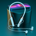 &bdquo;Bluetooth&ldquo; belaidės ausinės, pakabinamos ant kaklo, sportinės dvibalinės, į ausį įdedamos kaklo pakabinamos, tipas itin ilgas budėjimo režimas mėlyna