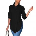 Mygtukai Didelio dydžio rankovėmis spausdinti Slim Fit Ilgas atvartas Vienaeilis megztinis OL Į darbą ir atgal stiliaus vidutinio ilgio palaidinė XL juoda