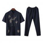 2 vnt./komplektas Vidutinio amžiaus laisvalaikio kostiumas Kinų stiliaus drakono ra&scaron;to stovas apykaklė trumpomis rankovėmis, viena krūtinė, elastinga juosmens ilgų kelnių rinkinys