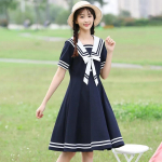 WTEMPO Mergaičių vasaros preppy stiliaus jūreivio apykaklės suknelės trumpomis rankovėmis, korėjieti&scaron;kos versijos, laisva, plona suknelė iki kelių S tamsiai mėlyna spalva