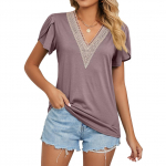Spring/Summer Lace V-Neck Short Sleeve Solid T-Shirt Top S juoda