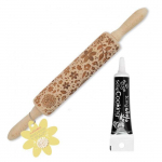 Rouleau &agrave; p&acirc;tisserie bois empreintes nature 39 cm + Stylo gla&ccedil;age noir