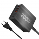 200W 6 prievadų GaN greitojo įkrovimo stotelė USB C įkroviklis Greitasis įkrovimas QC PD 3.0 Type C greitasis įkroviklis iPhone 16/15/14/13 Pro MacBook 3A3C US Plug juoda