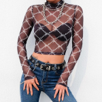 Tinkliniai mar&scaron;kinėliai Moteri&scaron;ki Sexy Long Sleeve Crop Top Chain Print mar&scaron;kinėliai Moteri&scaron;ki Streetwear Vintage tinkliniai mar&scaron;kinėliai Naujas pasirodymas S juoda