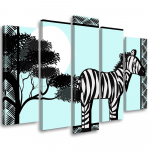Penkių dalių paveikslo drobės spaudinys Zebra Safari Mėlyna 100x70 juoda/balta