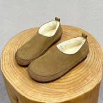 Fashion 2024 Winter New Pure Wool Genuine Leather Warm Shoes Flat Bottomed Soft Cowhide Thickened Women's Cotton Shoes 35 chaki