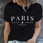 &bdquo;PARIS Print&ldquo; mar&scaron;kinėliai, trumpomis rankovėmis, trumpomis rankovėmis, laisvalaikio vir&scaron;ūnėlė vasarai ir pavasariui, moteri&scaron;ki drabužiai XS juoda