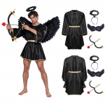 Vyri&scaron;kas Angelo Cosplay Kostiumas, Daugiaspalvis, Aukso Apdaila, Apvalus Kaklas, Vabalų Sparnų Rankovės Chalatas su Plunksnų Sparnų Galvos Apdangalu ir Lanko bei Strėlių Rinkinys Helovino &Scaron;ventei XL juoda