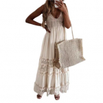 &bdquo;Boho&ldquo; suknelė be rankovių, eleganti&scaron;ka laisvalaikio grynos spalvos V kaklo &bdquo;Maxi&ldquo; suknelė vestuvėms M