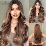EASIHAIR Long Honey Brown Ombre Highlight sintetiniai perukai moterims Mi&scaron;rūs rudi banguoti natūralūs perukai Vidurinės dalies Cosplay perukai Atsparūs kar&scaron;čiui