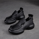 Johnature Natūralios odos Retro Moteri&scaron;ki Siurbliai Storapadžiai Patogūs Slip-on Batai Apvalūs Nosis Universalūs Batai 39 juoda