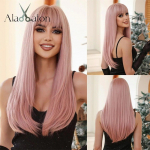 ALAN EATON Rožiniai tiesūs perukai su kirpčiukais Ilgų sluoksniuotų rožinių plaukų sintetinis perukas moterims Rožinės spalvos Cosplay perukas kar&scaron;čiui atsparus pluo&scaron;tas