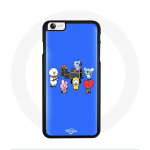 Coque pour Iphone 4 BTS BT21 Tata Chimmy Cooky Rj Koya Shooky Et Mang Jouent De la musique Fond Bleu