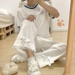 Moteri&scaron;kos Kawaii velvetinės kelnės su auk&scaron;tu juosmeniu velvetinės kelnės Sweet Bow Lace Plačios kelnės Girly Vintage Drabužiai Laisvi Mielos Kelnės XS balta