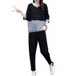 2 vnt./komplektas Moteri&scaron;ki mar&scaron;kinėlių kelnių rinkinys Sportinė apranga Colorblock apvalaus kaklo pusiau rankovių vir&scaron;utinė dalis elastinga juosmens ilgos kelnės Kasdienių kelnių rinkinys 4XL pilka