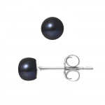 PERLINEA - Clous d'Oreilles - V&eacute;ritables Perles de Culture d'Eau Douce Noires Boutons 5-6 mm - Bijoux Femme
