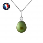 PERLINEA - Pendentif - V&eacute;ritable Perle de Culture d'Eau Douce Poire 7-8 mm Vert - Or Blanc - Cha&icirc;ne Offerte - Bijoux Femme