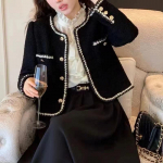 Sweet Vintage Tweed Striukė Moteri&scaron;ka Eleganti&scaron;kas prancūzi&scaron;kas trumpas paltas Laisvalaikio ilgomis rankovėmis Paprasti Viską atitinkantys Retro moteri&scaron;ki vir&scaron;utiniai drabužiai XS juoda