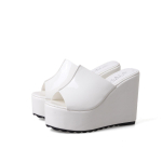 Vasaros Minimalistiniai Odiniai Atvirais Pir&scaron;tais Platforminiai &Scaron;lepetės Sandalai Moterims 12 CM Auk&scaron;takulniai Moteri&scaron;ki Platforminiai Batai 34 balta
