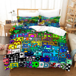 Pikto Geometry Dash Patalynės Komplektas Viengulis Twin Pilnas Queen King Dydžio Lovos Komplektas Žaidimų Miegamojo Antklodės Užvalkalų Rinkinys Anime Paklodžių Rinkinys 140x200cm 3pcs