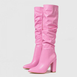 Liyke Žiemos Gatvės Mada Klostuotos Odos Rožiniai Auk&scaron;čiau Kelio Batai Moterims Seksualūs Ilgi Užtrauktuku Smailianosiai Kvadratiniais Kulnais Striptizo Batai 42 balta