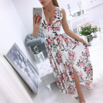 Eleganti&scaron;ka suknelė su gėlėmis Seksuali suknelė su V formos i&scaron;kirpte Bohemi&scaron;ka ilga suknelė L