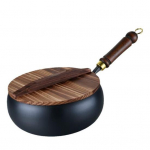 Ketaus Wok Tradicinis Rankų Darbo Ketaus Puodas Dideliu Pilvu Keptuvė Nelipnus Neapdorotas Buitinis Wok su Medine Rankena 24cm