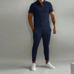 2025 m. vasaros slim fit vyri&scaron;kas kostiumas: Atsitiktinis sportinis kostiumas trumpomis rankovėmis ir ilgomis kelnėmis Small tamsiai mėlyna