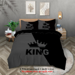 3 dalių madingas juodos ir pilkos spalvų KING ir QUEEN dizaino spausdintas patalynės komplektas, mink&scaron;tas, patogus, kvėpuojantis antklodės užvalkalas, miegamasis 135x200cm UK Single