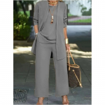 Moteri&scaron;kas pavasario ir rudens didelių dydžių jauninantis ir liekninantis komplektas, vienspalvis paprastas kasdienis vir&scaron;us + kelnių komplektas 4XL pilka