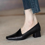 Kvadratinio priekio moteri&scaron;ki vidutinio auk&scaron;čio kulniukai odiniai batai madingi eleganti&scaron;ki ofiso batai moterims 2024 m. tendencija rudeniniai auk&scaron;takulniai batai suknelė zapatos mujer 34 juoda
