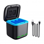 3 kanalų akumuliatorių įkroviklis Akumuliatorių įkrovimo stotelė 2 SD kortelių lizdai Akumuliatorių laikymo dėklas Go Pro Hero 12/11/10/9 kameros priedams juoda