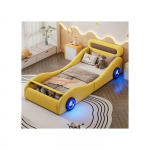 Lit voiture rembourr&eacute; - MUVOE - 90x200cm - Jaune - Roues lumineuses - Espace de rangement