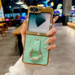 Galvanizuotas deimantinis odinis telefono dėklas, skirtas Samsung Galaxy Z Flip 6 5 Flip6 Flip5 5G, su žiedu, atsparus smūgiams, apsauginis dangtelis For Samsung Galaxy Z Flip 5 žalia