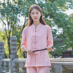 Moterų Kinų Kung Fu Tai Chi Drabužiai Kovos Menai Wushu Uniforma Medvilniniai Vir&scaron;utiniai Drabužiai+Kelnės Rinkinys Tai Chi Joga Sporto Pratimų Kostiumas XS rožinė