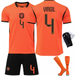 2026 Pasaulio taurė Nyderlandų namų mar&scaron;kinėlių jaunimo komplektas #4 Van Dijk Vaikų futbolo apranga S code oranžinė