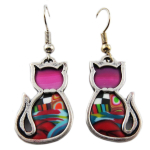 Les Tr&eacute;sors De Lily [R1323] - Boucles d'oreilles artisanales 'Colombine & Arlequin' rose multicolore argent&eacute; (chats) - 22x16 mm