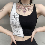 Punk stiliaus kratiniai vir&scaron;utiniai apatiniai drabužiai, esteti&scaron;ki ra&scaron;tai ir grafinis spaudinys moterims, apkarpytos spalvos, blokuojantys be rankovių Streetwea S juoda