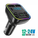 Automobilinis Bluetooth 5.0 FM siųstuvas PD Type-C dvigubas USB 3.1A greitas įkroviklis Spalvingas aplinkos &scaron;viesos laisvų rankų įrangos MP3 moduliatoriaus grotuvas