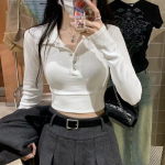 Slim Top moteri&scaron;ki POLO kaklo vienspalviai Sexy Basic mar&scaron;kinėliai trumpi ilgomis rankovėmis Y2k Streetwear Top moteri&scaron;ki mar&scaron;kinėliai S balta